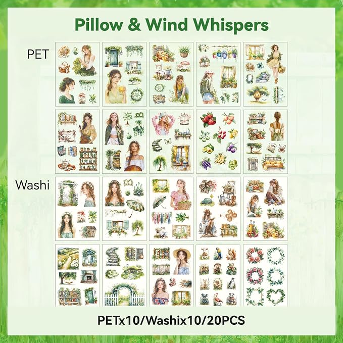 Grass Pillow Breeze Sticker Scrapbooking Supplies for Junk Journal, 20 Sheets PET Stickers - Vintage Journaling Stickers