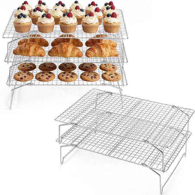 P&P CHEF 5 Tier Cooling & Baking Racks, Stainless Steel Stackable Grid Cooking Rack for Cooling Roasting Grilling, Collapsible & Heavy Duty, Oven & Dishwasher Safe, 15" x 10"