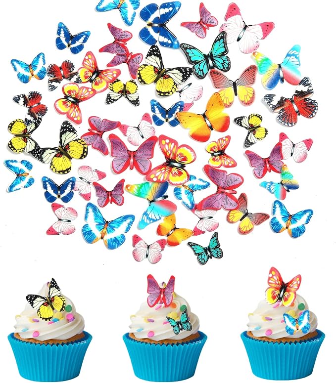 Weraru 48Pcs Edible Cake Butterfly Decoration Cake Toppers Birthday Party Cupcake Toppers Mixed Size & Colour
