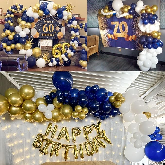 136pcs Navy Blue Gold White Balloons Garland Arch Kit,18 12 10 5 Inch Different Sizes Pack Party Latex Balloons for Valentine’s Day Birthday Holiday Party Decorations