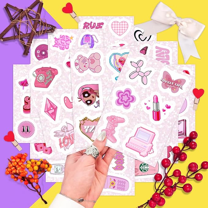 BulbaCraft 100Pcs Y2K Stickers Pink for Water Bottle and Laptop - Y2K Party Supplies & Decorations, Waterproof Vinyl Decals, 2000s and Aesthetic Stickers, Gifts for Women & Men