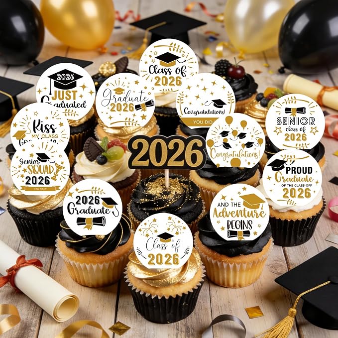 48pcs Edible Graduation Cap Cupcake Toppers Wafer Paper Graduation Diploma Cake Decorations Edible Congrats Grad Cupcake Picks for 2026 Graduation Theme Party Cake Decor Supplies