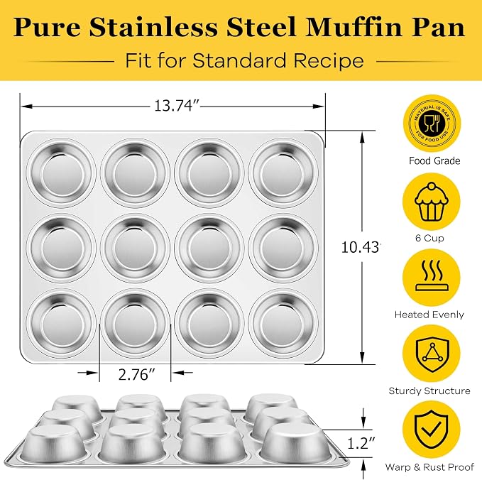 Homikit 1 Pack Muffin Pan, Stainless Steel Cupcake Tin with 12 Cups Regular Size, 13.8" x 10.4" Nonstick Metal Egg Bites Tray for Oven Baking, Non Toxic & Rust Free, Easy Release & Dishwasher Safe