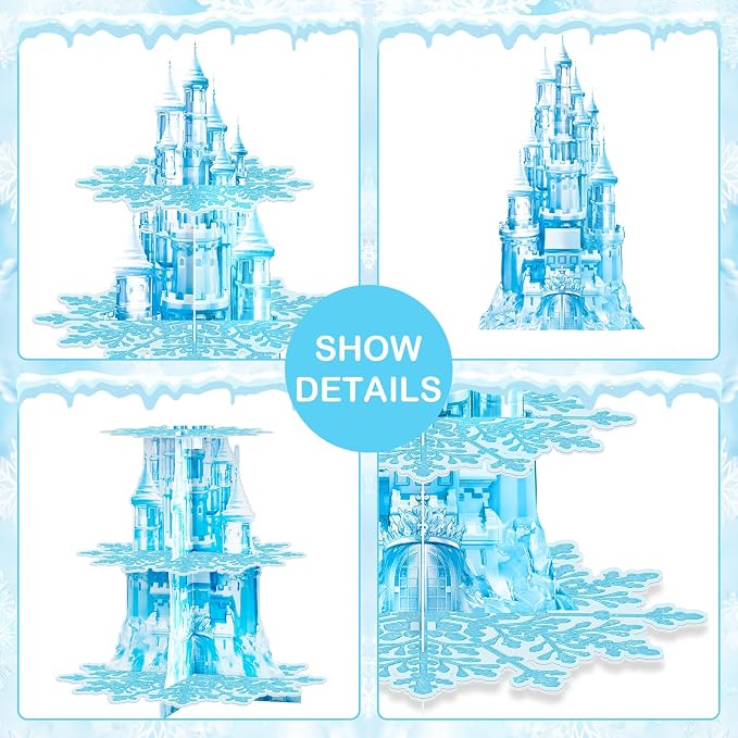 2 Pack Cupcake Stands Frozen Birthday Party Decorations: 3-Tier Snowflake Winter Wonderland Theme Cupcake Holders for Girls Kids Princess Party Favors, Blue Castle Toppers Cup Cake Tower Stand