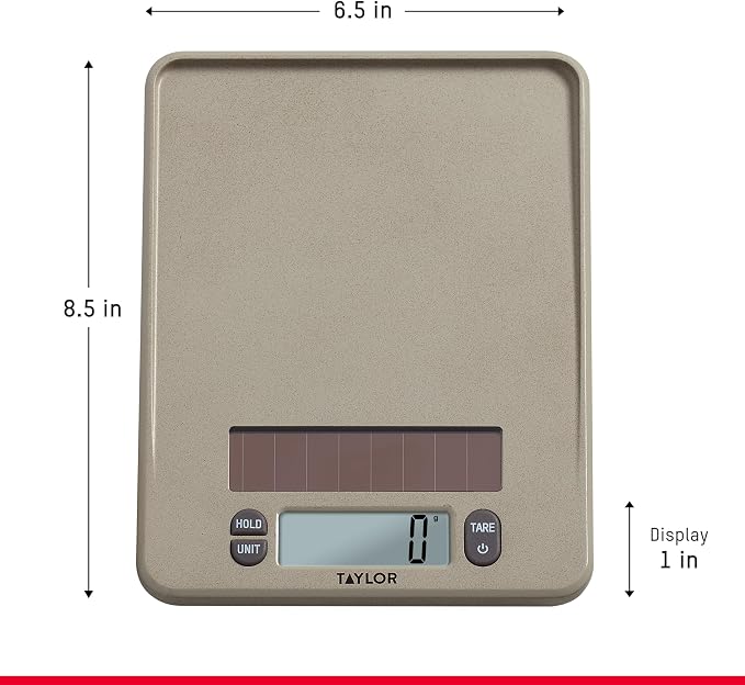 Taylor Light Powered Digital Kitchen Scale, Coffee Husk Blend Material, Solar Panel with Endless Power, No Batteries Needed, Energy-Saving, 11lb Capacity, Beige