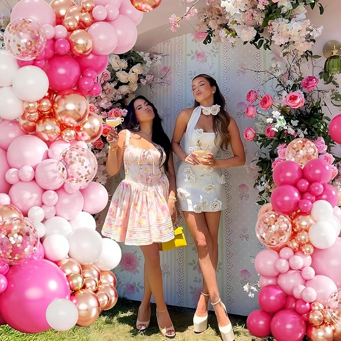Hot Pink Balloon Arch Kit, 143Pcs Pink Gold Balloons Macaron Pink White Rose Gold Balloon Garland Arch Kit Confetti Balloons for Birthday Wedding Baby Shower Gender Reveal Galentines Day Decorations