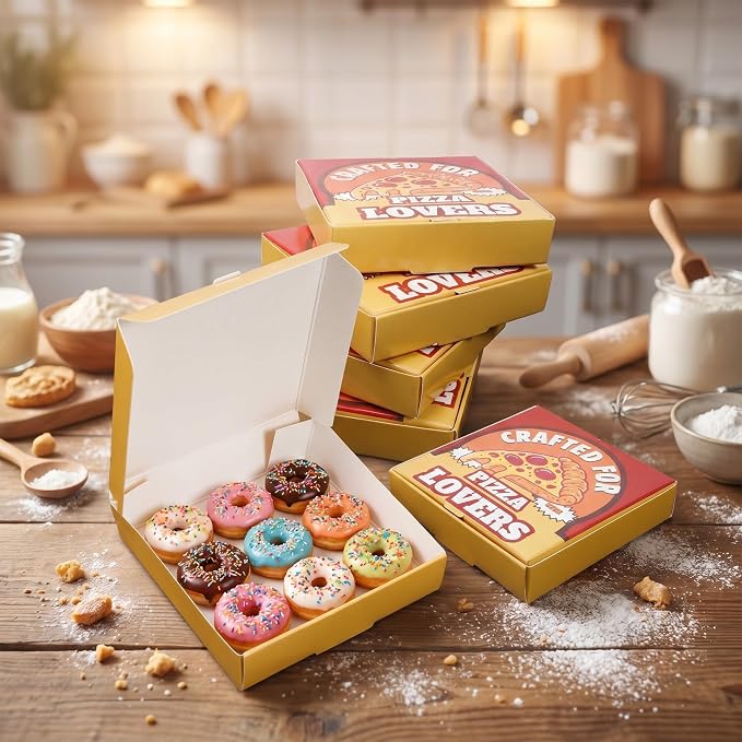 50 Pcs Mini Pizza Boxes, Square, White, Yellow Background | Cardboard Cookie Boxes, Hold Small Pies and Treats for Weddings, Birthdays, Valentine's Day and Picnic