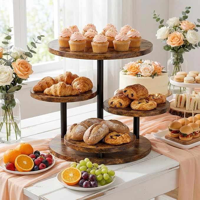 Cupcake Stand 4 Tier for 50 Cupcakes Wooden Cake Stand 360°Rotatable Dessert Stands Round Cookie Tiered Tray Stand for Party Birthday Wedding Baby shower Afternoon Tea Dessert Table, Brown
