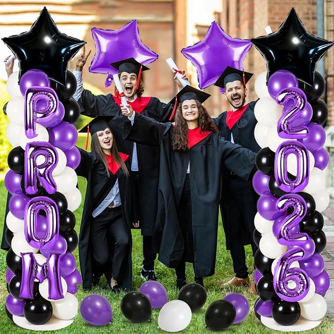 2 Sets Graduation Balloon Column Stand Kits with 132 PCS Purple Black White Latex Balloons 2026 Letters 6.5 Ft Adjustable Metal Tube Telescopic Tower Pillar with Base for Graduation Party Decoration