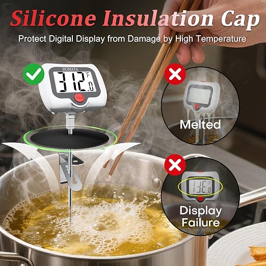 BOMATA Digital Candy Thermometer with Pot Clip, Deep Fry Oil Thermometer with Rotatable Display & Long Probe, for Candy Candle Making, Cooking, Food, Liquids, Water, Sugar.. White