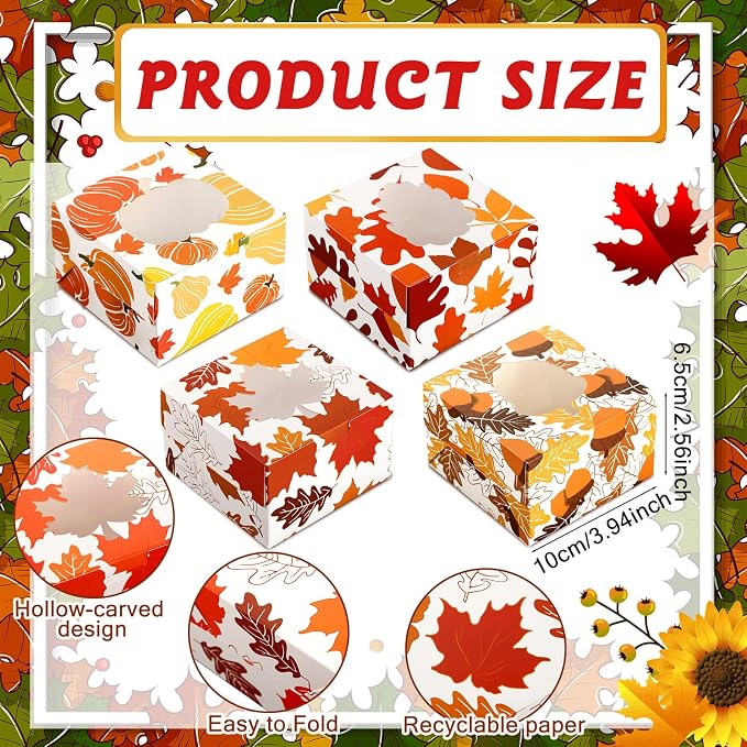 Dispowreath 24 Pcs Fall Treat Boxes with Window Yellow Maple Leaf Pumpkin Printed Candy Cookie Boxes Paper Gift Container Autumn Party Favor for Thanksgiving Fall Cookie Goodie Candy Party