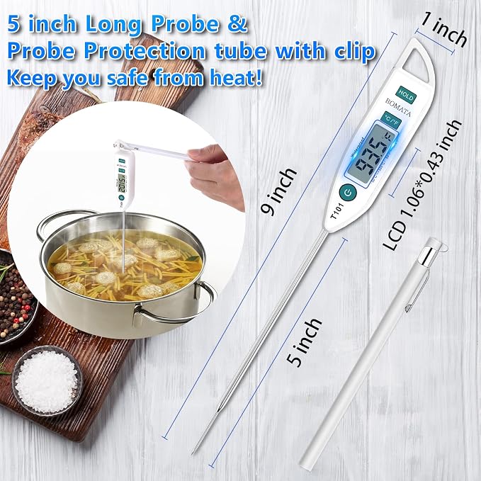 BOMATA Waterproof IPX7 Thermometer for Water, Liquid, Candle and Cooking. Instant Read Food Thermometer with Long Probe for Cooking, Meat, BBQ! T101 White