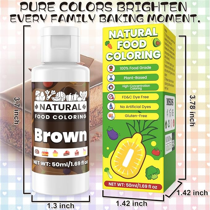 Brown Natural Food Coloring - 50ml Plant Based Food Dye, No FD&C & Artificial Dyes, Gluten-Free, Food-Grade, Vibrant Liquid Colors for Icing, Baking, Cake Decorating, Frosting, Fondant, Slime - 1.69 Fl.Oz Bottles