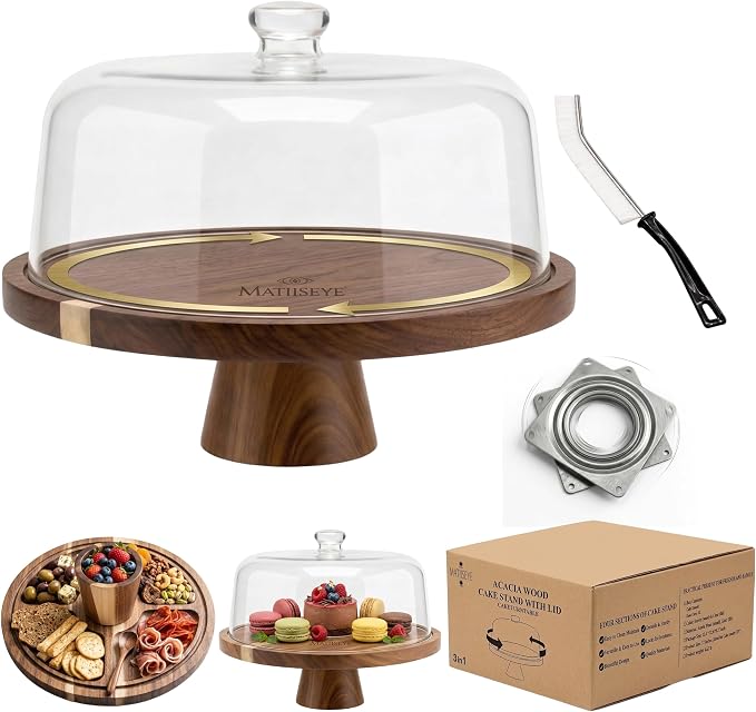 2026 Upgraded Cake Stand with Lid, 11.8 Inch Rotating Dessert Display Stand, Clear Acrylic Dome and Wooden Base, Cake Holder Serving Platter for Kitchen, Party, Wedding