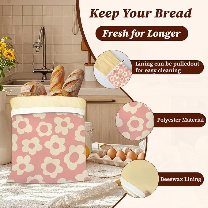 Beeswax Bread Bags, 2 Pack for Homemade Bread and Sourdough Storage | Abstract Pink, Reusable Polyester Bread Storage With Beeswax Coating And Snap Closures