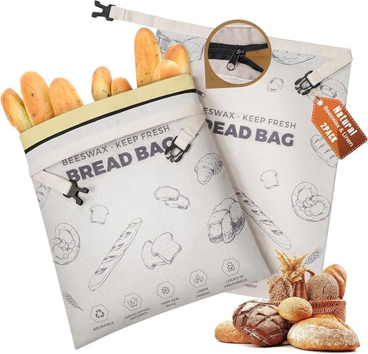 YARRAMATE Reusable Beeswax Bread Bags for Homemade Bread & Sourdough, 2 Pack XL 17x13in Linen Organic Bread Storage Bags with Zipper for Loaf, Baguette, Bagels and Sandwich Bread, Freezer Safe, Purple