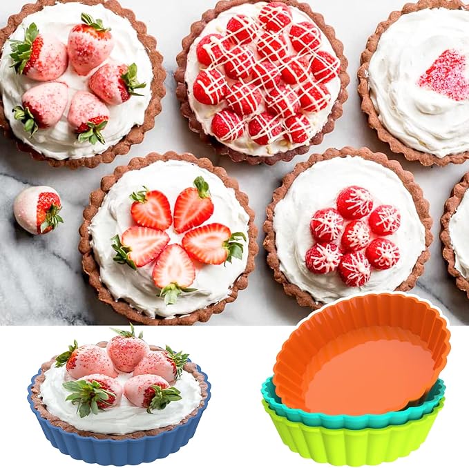 Webake 8 Pack Silicone Tart and Pie Molds, 5 Inches Silicone Round Mold Individual Small Fluted Cake Pans Mini Quiche Tart Pans for Baking