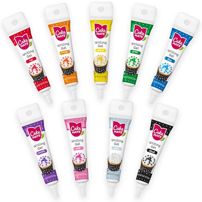 Cake Mate 9 Pack Edible Cake Writing Gels for Cake and Cookie Decorating - Easy Squeeze Gel in Vibrant Colors (0.67 oz Each) - Perfect for Cakes, Cupcakes, Cookies, and Brownies