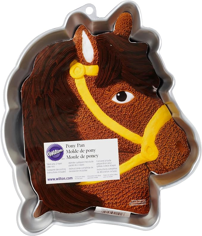 Wilton Party Pony Cake Pan, Aluminum Shaped Bakeware for Kids’ Cakes, Durable, Even Heating, Rust-Resistant, Includes Decorating Guide, Package May Vary