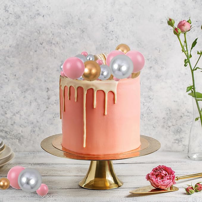 Gyufise 30Pcs Balls Cake Topper Foam Ball Cake Picks Mini Balloon DIY Cake Insert Topper Decoration for Baby Shower Wedding Anniversary Kids Birthday Party Cake Decorations Gold Silver Pink