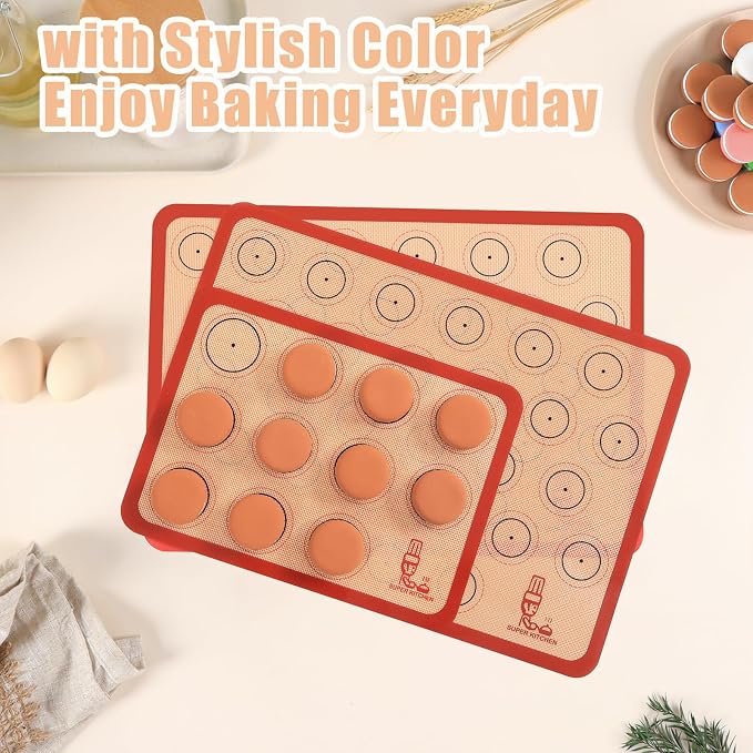 Folksy Super Kitchen Silicone Macaron Baking Mat - Set of 3 (2 Half Sheet and 1 Quarter Sheet), Non Stick Silicon Oven Liner For Macaroons and Cookies (16.5x11.6, Red) (Pack of 2)