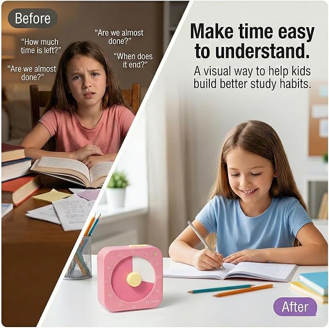 60 Minute Visual Timer for Kids - Premium Countdown Timer with Magnetic Back & Pause Function, Silent Operation for Classroom Teaching Home, Time Management Tool(Batteries Included) (Pink)