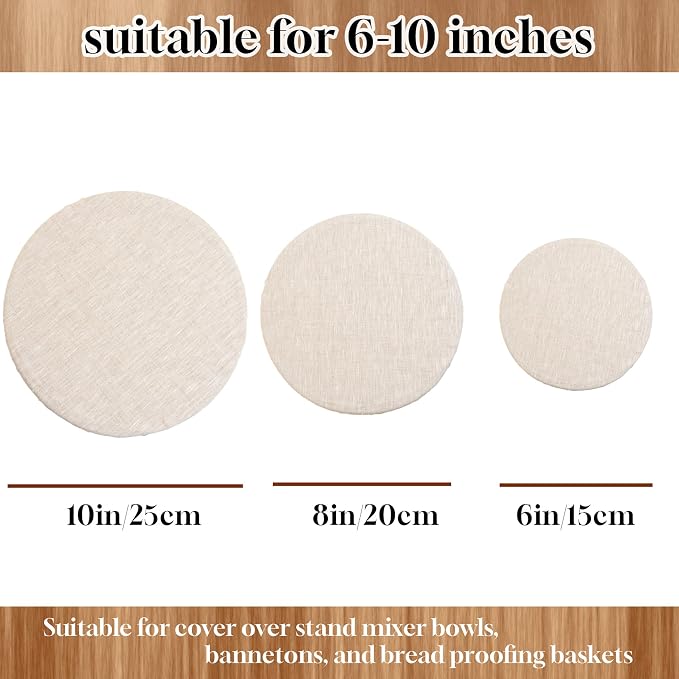 3 Pack Reusable Bowl Covers for Bread Proofing, 6/8/10 Inch Linen Bowl Covers with Elastic Rim, 100% Natural Organic Linen, Unbleached, Elastic Lids for Sourdough, Dough Proofing and Food Storage