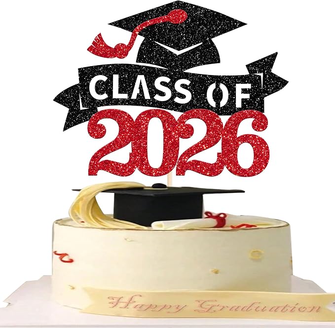 1 Pack Class of 2026 Cake Topper Glitter Congrats Grad Cap 2026 Graduation Cake Pick for 2026 Graduation Theme High School Boys Girls Graduate Party Cake Decorations Supplies Red Black