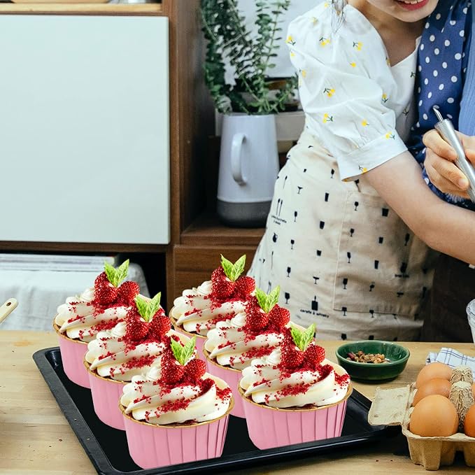 Cupcake Liners with Lids 50 Pack,LNYZQUS 5oz Large Foil Cupcake Cups Muffin Tins,Disposable Baking Cups Muffin Liners Wrappers Holders for Wedding Valentine-Pink in gold