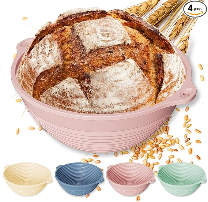 Upgraded 4 Pack Silicone Banneton Bread Proofing Basket, Reinforced Rim Support & Dual Handles, 9" Collapsible Non-Stick Round Dough Proofing Bowl, Oven & Dishwasher Safe, BPA Free