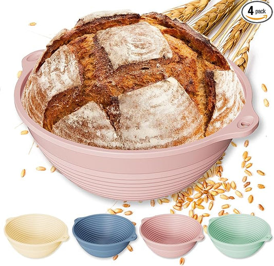 Upgraded 4 Pack Silicone Banneton Bread Proofing Basket, Reinforced Rim Support & Dual Handles, 9" Collapsible Non-Stick Round Dough Proofing Bowl, Oven & Dishwasher Safe, BPA Free