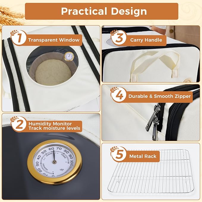 Homelove Folding Bread Proofing Box, 65-125℉ Temp Control & 24H Timer, Dough Proofer with Humidity Meter & Metal Rack, Collapsible Fermentation Box for Sourdough, Pizza, Yogurt, Kombucha