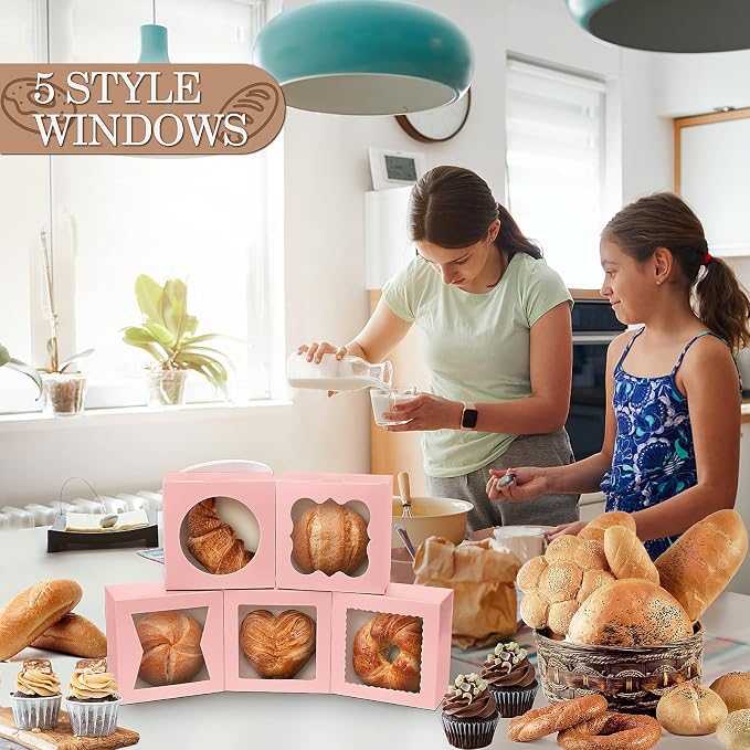 KPOSIYA 65PCS Bakery Boxes with Window 6x6x3 Inches 5 Style Cookie Boxes Small Pastry Boxes for Candy, Dessert, Pastry, Donuts, Birthday Party, Wedding(Pink)