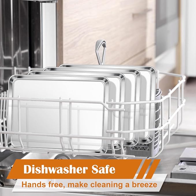 E-far Small Baking Sheet Set of 4, 10.5”x8.3” Stainless Steel Cookie Sheets Pans, Compact Non-toxic Metal Toaster Oven Trays for Cake, Healthy & Rust Free, Mirror Finish & Dishwasher Safe