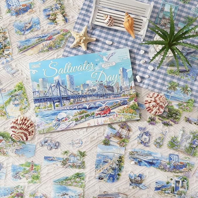 Transparent PET Summer Landscape Sticker Book for Journaling, 20 Sheets Large Pre-Cut Scenery Stickers for Scrapbooking Supplies, Collage Decorative, 9.25 x 6.58 inches