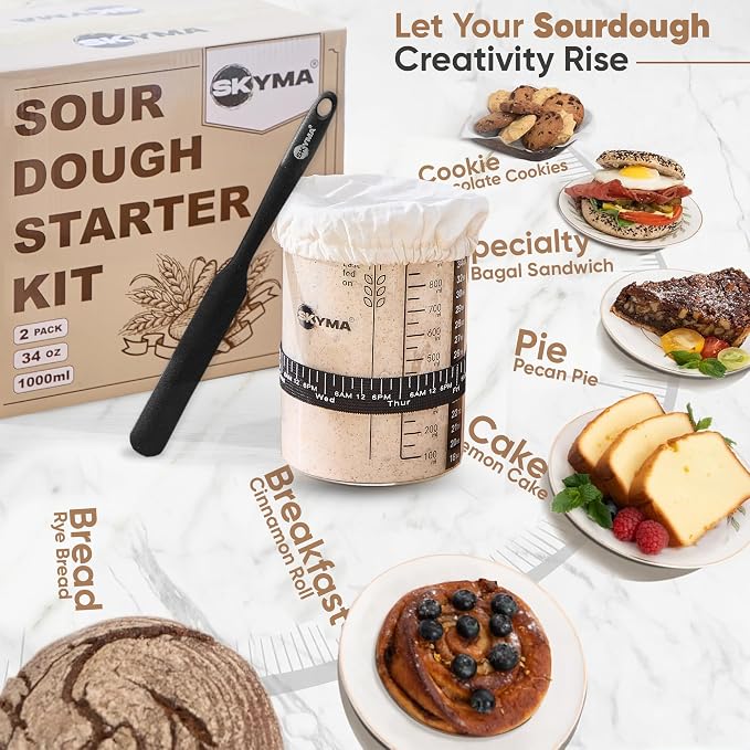 Sourdough Starter Kit - 2 Pack 34 oz, Sturdy Sourdough Starter Jar with 2 Bread Slings, Spatula Set, 5x Measuring Spoons, Dough Scraper & More Sourdough Bread Baking Supplies - Sour Dough Starter Jar