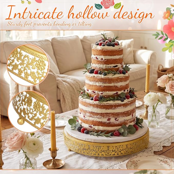 Wenqik 2 Pack Cake Stand Set, 14/16 Inch Metal Round Cupcake Dessert Stand Decorative Elegant Cake Display for Weddings Party Birthday Baby Showers Anniversary(Classic Floral,Gold)