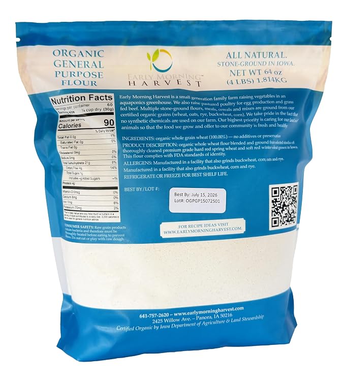 Early Morning Harvest Organic General Purpose Flour- 64 Ounces (4 lbs) | Non-GMO, Whole Grain, Unbleached, Certified Organic
