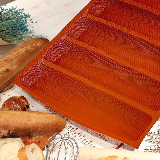 FETESUR Silicone Perforated Baking Forms Sandwich Mold French Baguette Bread Pan Food Mat 5 Loaf Non-Stick Baking Liners (Orange)