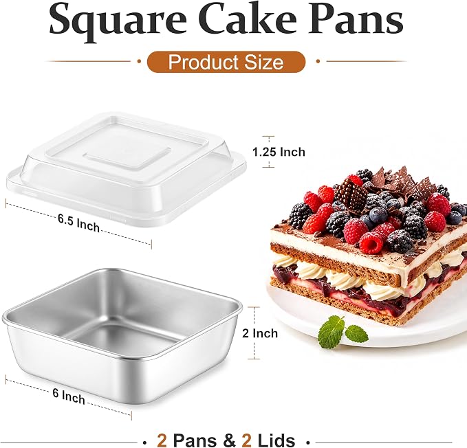 LIANYU 6 x 6 Inch Square Cake Pans with Lids, 2 Inch Deep Stainless Steel Lasagna Brownie Pan, Healthy Non-Toxic Bakeware, Dishwasher Safe (2 Pan +2 Lid)