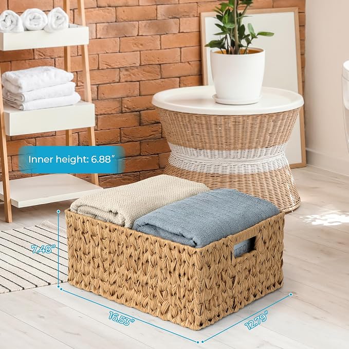 JS HANGER Large Woven Rattan Storage Basket with Handle for Organizing Waterproof Plastic Wicker Basket for Bathroom, Living Room 16.53’’ x 12.8’’ x 7.5’’ Natural