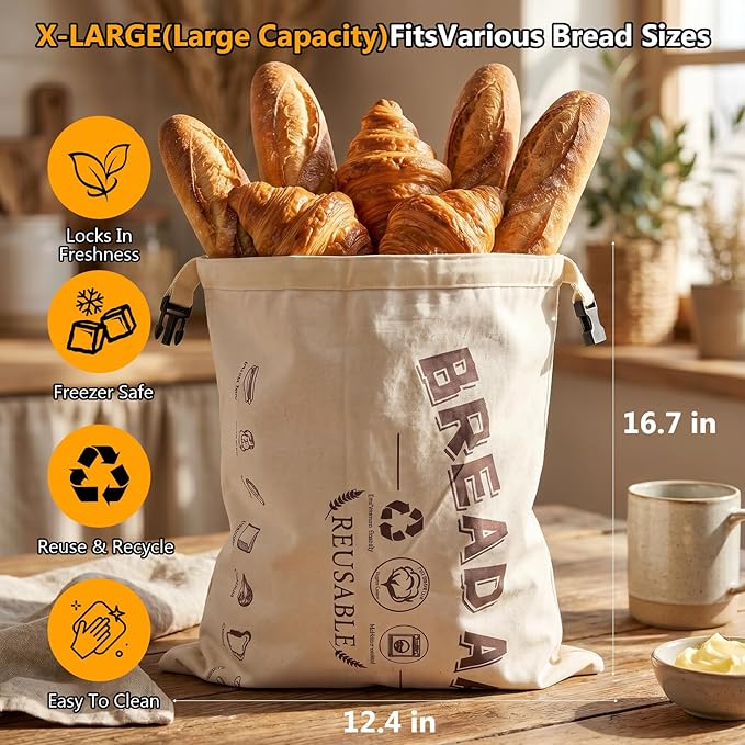 Sourdough Bread Bag Set for Homemade Bread - Yodeler 2 Pack XL Organic Cotton Reusable bread bags for Perfect Baking Accessories, Food Storage Bag Freezer-Friendly to Keep Fresh (TPU Material)