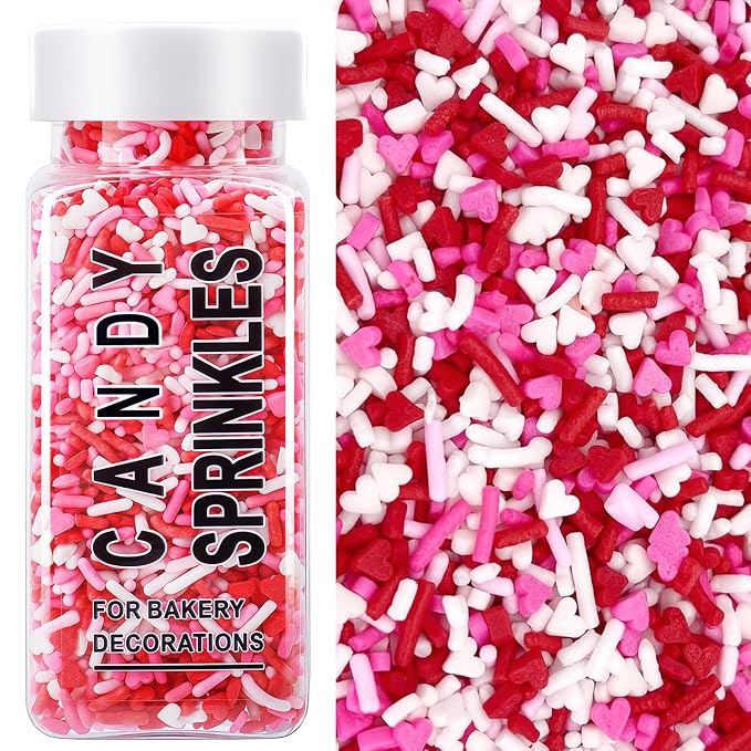 Valentines Sprinkles for Baking, 4.5oz White Red Pink Jimmies and Heart Sprinkles for Cake Decorating, Valentine Sprinkles for Cookies, Cupcake, Ice Cream, Cake