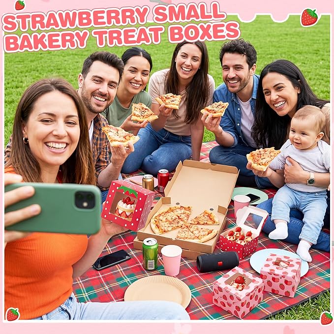 50 Pack Strawberry Cookie Boxes with Window, Berry Sweet Treat Boxes for Berry First Birthday, Strawberry & Summer Party Bakery Favors for Cookies, Macarons & Cupcakes
