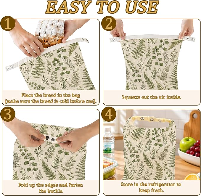 2 Pack Beeswax Linen Vintage Fern Bread Bags, Botanical Leaves Reusable Fresh Keeping Bags for Sourdough & Baguette, Freezable Portable Bread Storage Container 17×13''