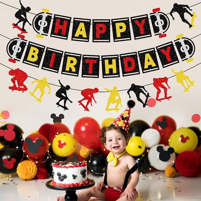 Zwiebeco Black Red Yellow Skateboard Happy Birthday Banner Bunting Hanging Paper Garland Party Decorations for Skater Boys Girls Kids Adults Sports Themed Bday Decor Accessories Supplies