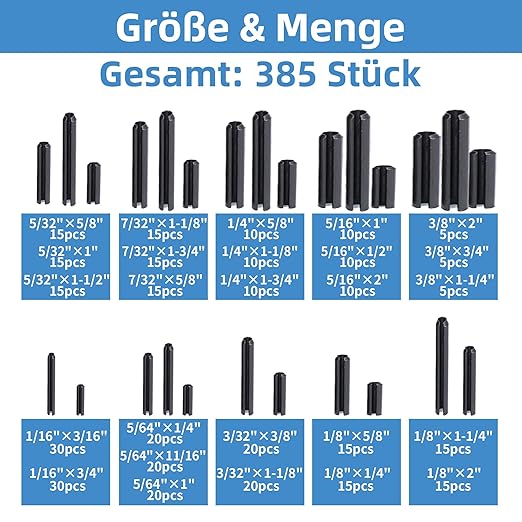 385PCS Roll Pin Set - 26 Sizes Spring Dowel Tension Roll Pins - 1/8 1/4 3/8 1/16 5/64 3/32 5/16 5/32 5/16 Split Expansion Pin Assortment Kit for Home Improvement Automotive Repair