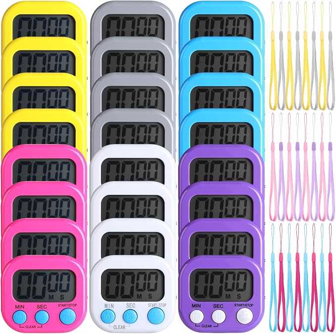Leumoi 24 Packs Small Digital Kitchen Timer for Classroom with Lanyards Magnetic Back and Switch Minute Second Count up Countdown Big LCD Display Loud Alarm for Teacher Cooking Baking, Colorful