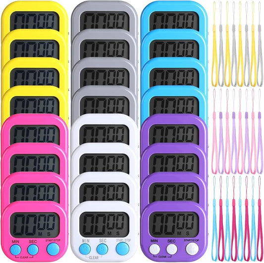 Leumoi 24 Packs Small Digital Kitchen Timer for Classroom with Lanyards Magnetic Back and Switch Minute Second Count up Countdown Big LCD Display Loud Alarm for Teacher Cooking Baking, Colorful