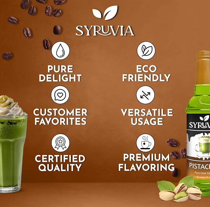 Syruvia Pistachio Syrup, Flavored Syrup for Lattes, Drinks, Cappuccinos, Iced Coffees, Espresso Drinks – 25.4 fl oz - with Pump